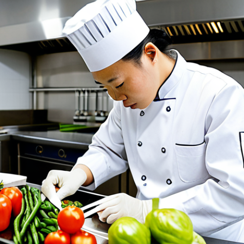A skilled professional Chinese chef, fully clothed in a clean, modest white chef's uniform, precisely executing intricate knife skills on fresh vegetables at a stainless steel workstation in a brightly lit, modern commercial kitchen. The mise en place is perfectly organized around them, with various ingredients neatly arranged in small bowls. The atmosphere is focused and professional. Safe for work, appropriate content, fully clothed, professional, perfect anatomy, correct proportions, natural pose, well-formed hands, proper finger count, natural body proportions, professional photography, high quality.