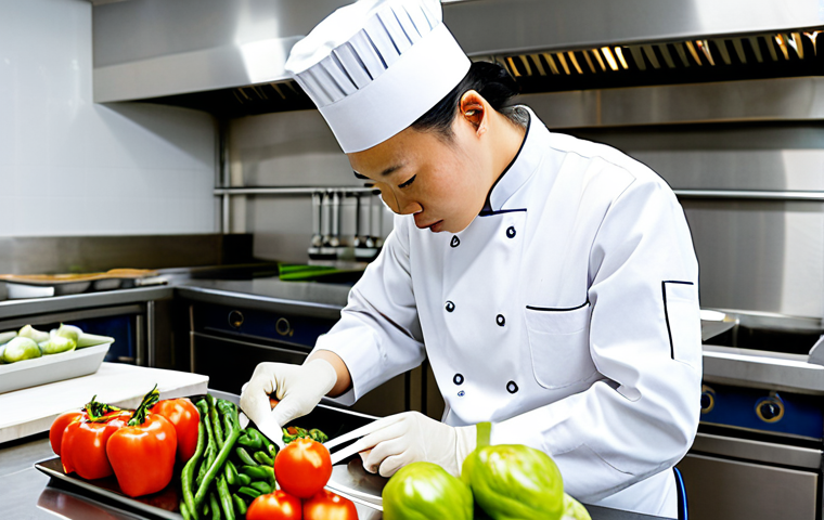 A skilled professional Chinese chef, fully clothed in a clean, modest white chef's uniform, precisely executing intricate knife skills on fresh vegetables at a stainless steel workstation in a brightly lit, modern commercial kitchen. The mise en place is perfectly organized around them, with various ingredients neatly arranged in small bowls. The atmosphere is focused and professional. Safe for work, appropriate content, fully clothed, professional, perfect anatomy, correct proportions, natural pose, well-formed hands, proper finger count, natural body proportions, professional photography, high quality.
