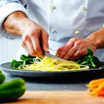 중식조리 자격증 실기 연습 팁 - **Prompt:** A professional chef's hands meticulously performing "julienne" cutting on fresh, vibrant...