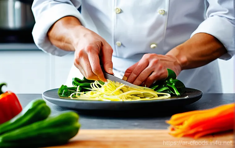 중식조리 자격증 실기 연습 팁 - **Prompt:** A professional chef's hands meticulously performing "julienne" cutting on fresh, vibrant...