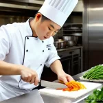 중식조리 자격증 실기 시험 당일 준비 - A focused culinary student, wearing a spotless white chef's uniform, a crisp chef's hat, and a clean...