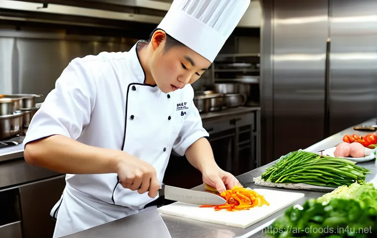 중식조리 자격증 실기 시험 당일 준비 - A focused culinary student, wearing a spotless white chef's uniform, a crisp chef's hat, and a clean...