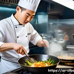 중식조리 자격증과 조리 경력 - A professional Chinese chef in a modern kitchen wearing traditional chef attire and a clean white ap...