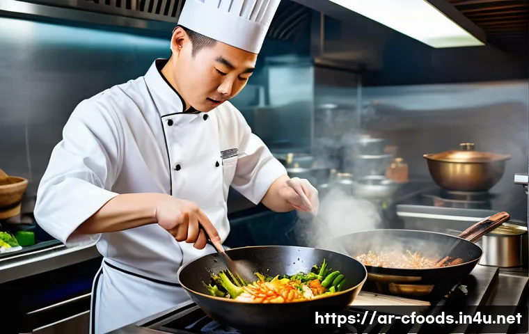 중식조리 자격증과 조리 경력 - A professional Chinese chef in a modern kitchen wearing traditional chef attire and a clean white ap...