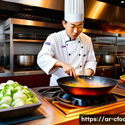중식조리 자격증과 셰프의 경력 개발 - A professional Chinese chef in a modern kitchen, skillfully stir-frying vegetables and meat in a lar...