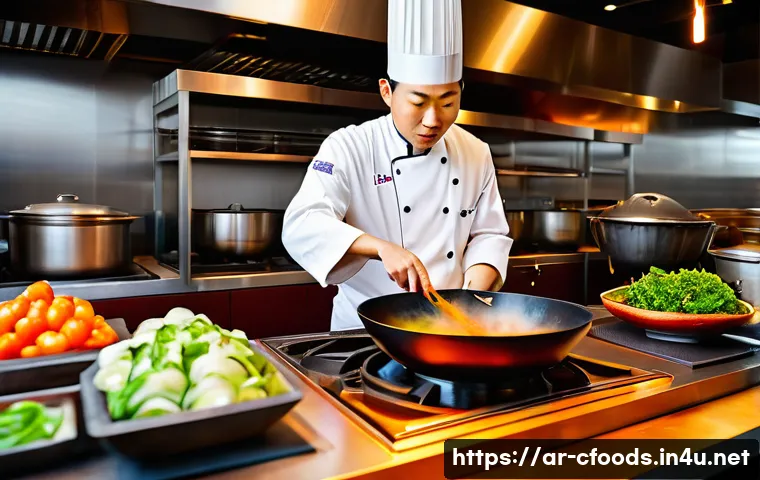중식조리 자격증과 셰프의 경력 개발 - A professional Chinese chef in a modern kitchen, skillfully stir-frying vegetables and meat in a lar...