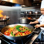 중식조리 자격증 취득 후 이직 - A professional Chinese chef wearing a clean white chef uniform and a tall chef hat, skillfully stir-...