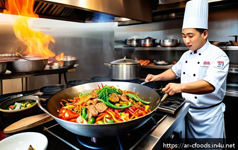 중식조리 자격증 취득 후 이직 - A professional Chinese chef wearing a clean white chef uniform and a tall chef hat, skillfully stir-...