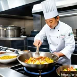 중식조리 자격증과 호텔 조리사 - A professional Chinese chef working in a luxurious hotel kitchen in the Middle East, wearing a prist...
