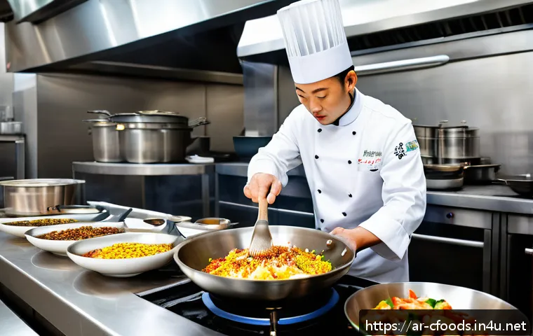 중식조리 자격증과 호텔 조리사 - A professional Chinese chef working in a luxurious hotel kitchen in the Middle East, wearing a prist...