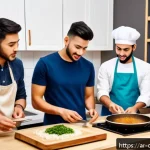 중식조리 자격증 공부 스터디 그룹 - A diverse group of young Arab adults studying Chinese cooking together in a cozy, modern kitchen set...