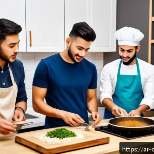 중식조리 자격증 공부 스터디 그룹 - A diverse group of young Arab adults studying Chinese cooking together in a cozy, modern kitchen set...