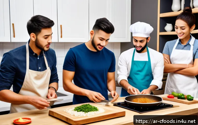 중식조리 자격증 공부 스터디 그룹 - A diverse group of young Arab adults studying Chinese cooking together in a cozy, modern kitchen set...