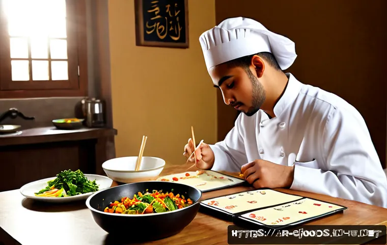 중식조리 자격증 필기 기초 강좌 - Photorealistic educational scene of an Arab culinary student in modest professional chef attire stud...